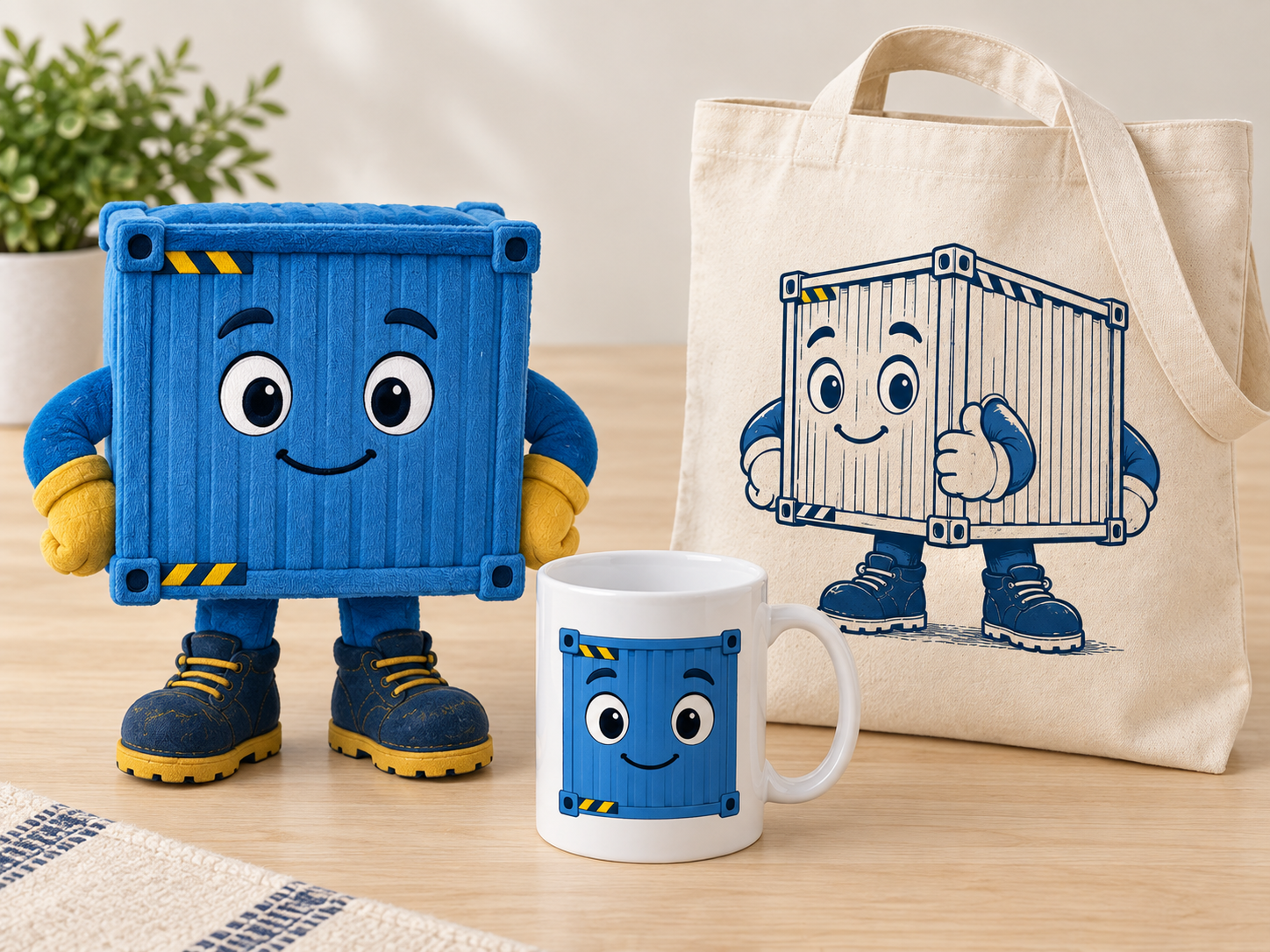 Sample Chuck the Container merchandise mockup: a plush toy, a printed mug, and a printed canvas tote bag