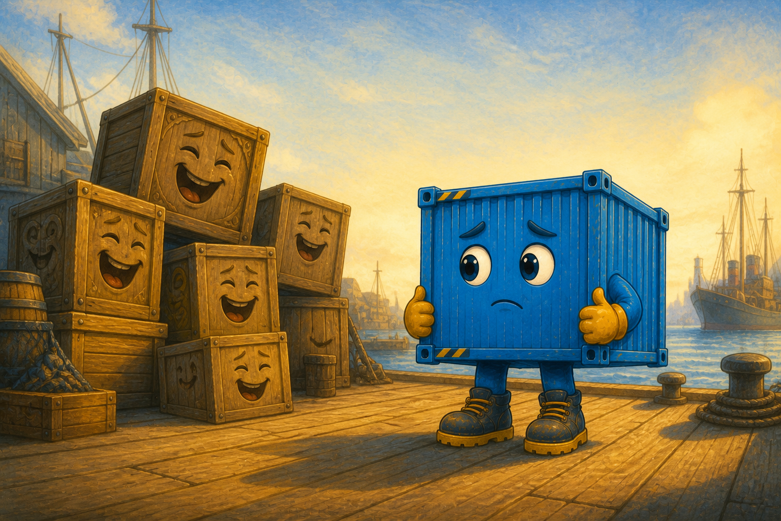 Fancy wooden crates laugh while Chuck thinks about his big idea