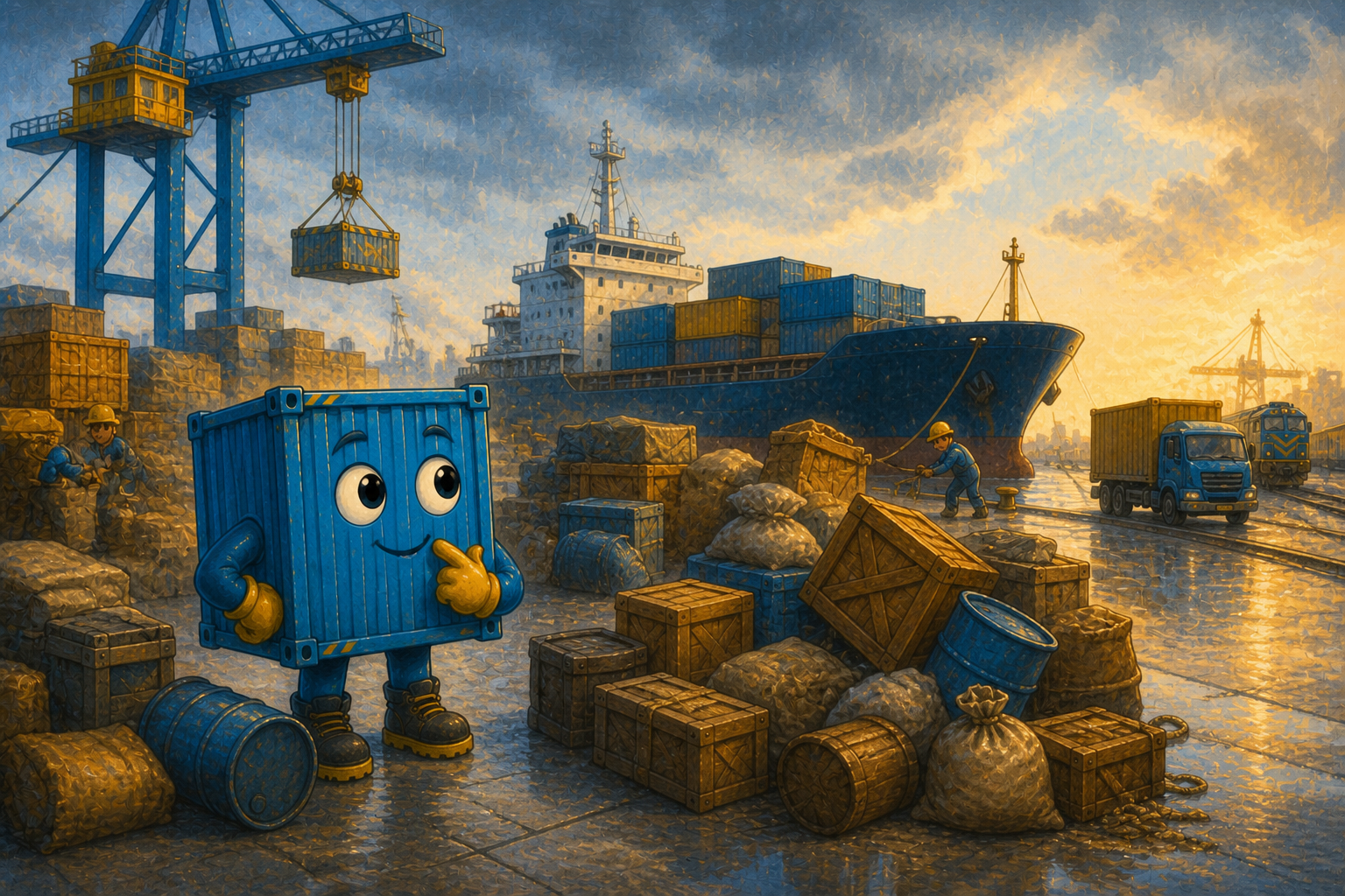 A busy harbor with mismatched crates and barrels waiting beside the sea