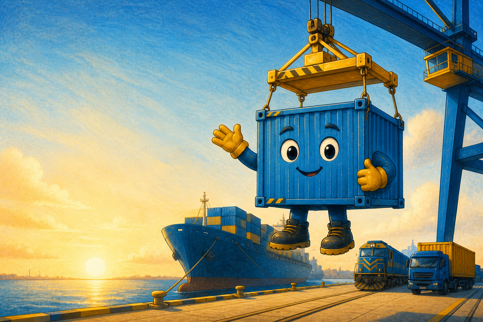 Chuck the Container being lifted at a sunny harbor as a ship, train, and truck wait for their journey